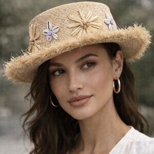 Scala natural straw hat, applied shells, straw flowers, adjustable hatband, EUC